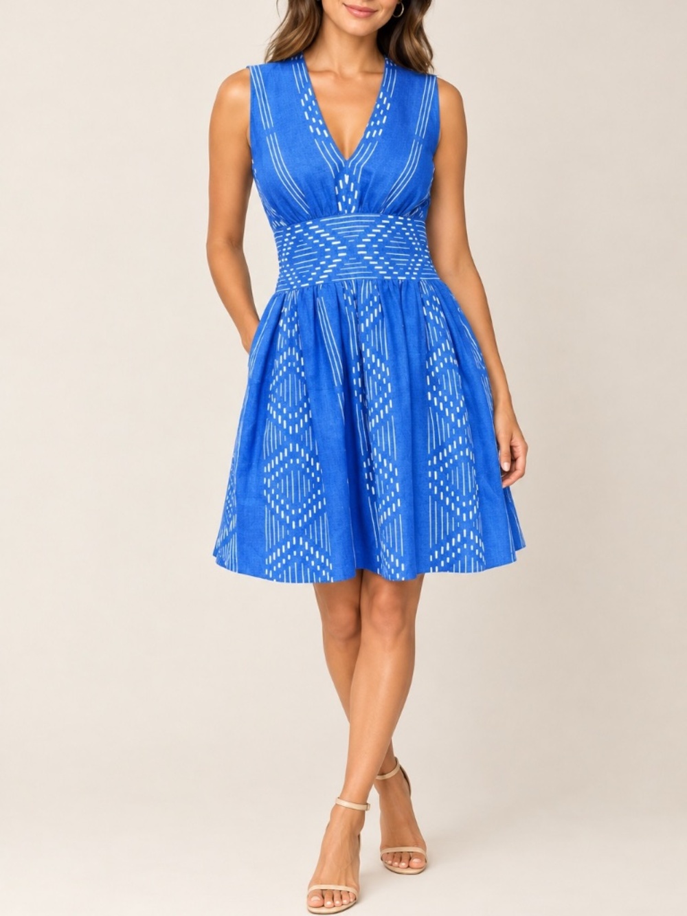 Lauren Moffatt Anthropologie Women's Blue Geometric V-Neck Fit Flare Dress Sz 6